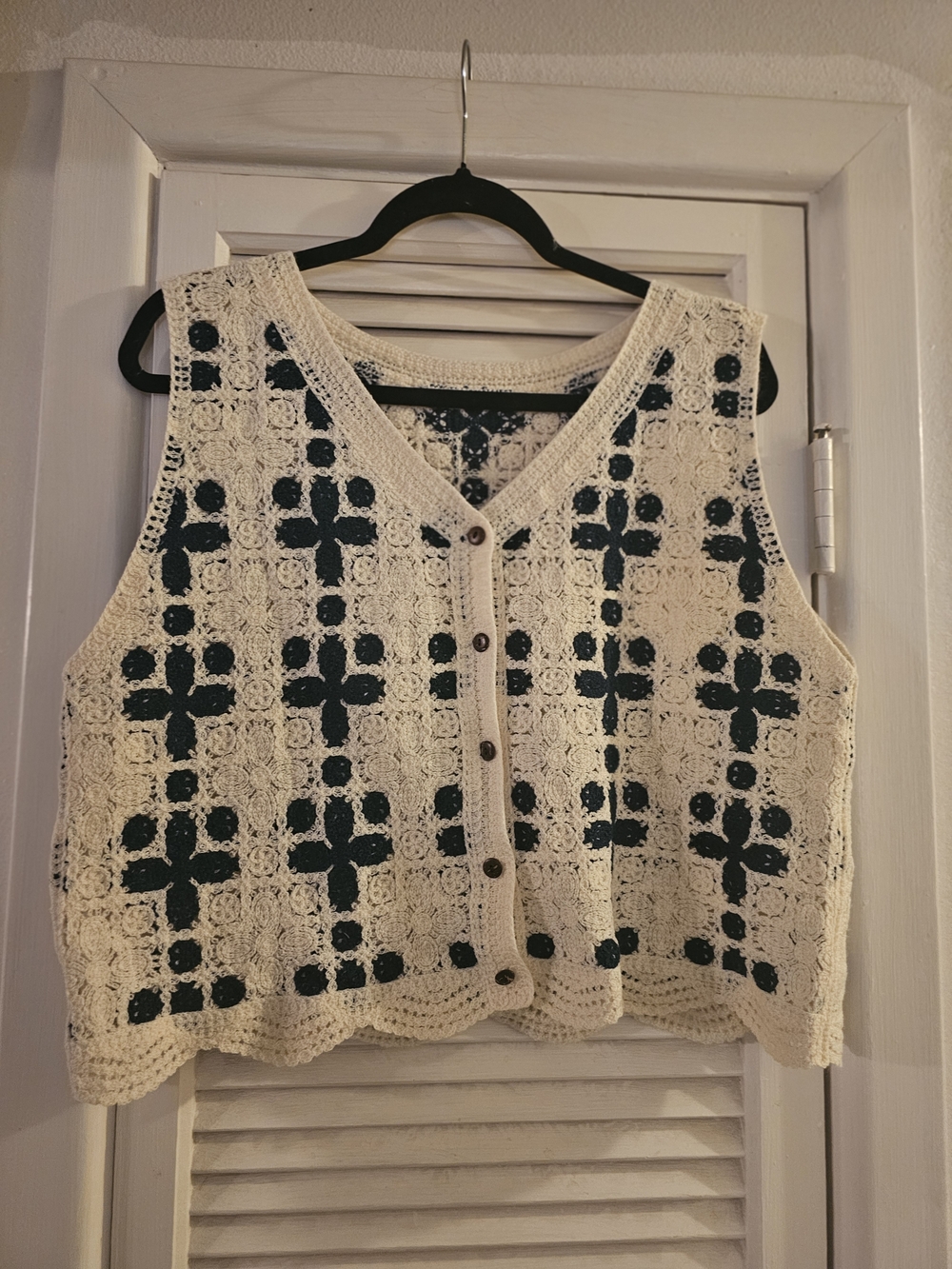 3/$13"Crochet Button-Front Vest in Cream and Black